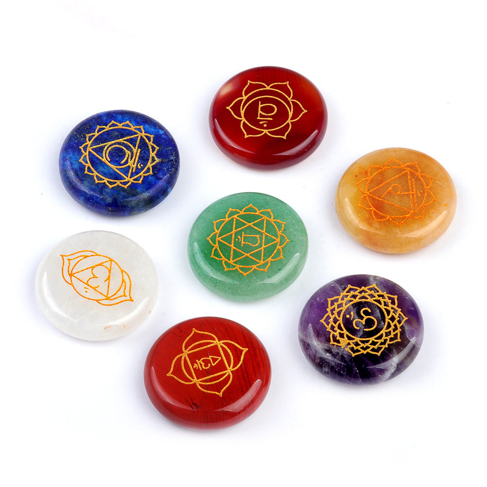 1774-7pcs per set Seven Vein Stone Round Natural Crystal Agate Yoga Stone Colorful Crystal Engraved Character Stone