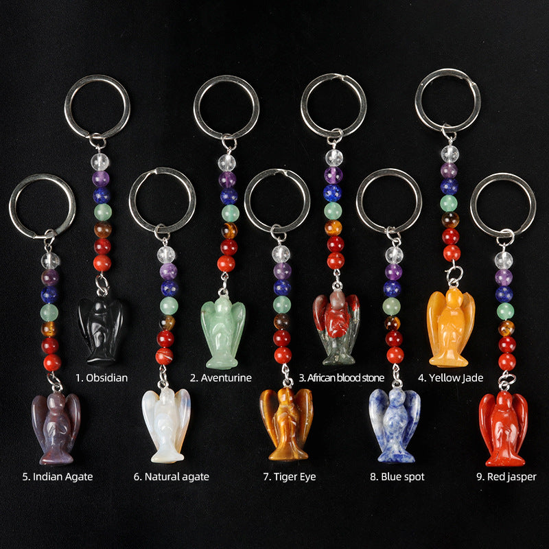 1715-Chakra Angel Keychain Natural Semi-precious Stone Carved Angel Keychain Guardian Angel Pendant