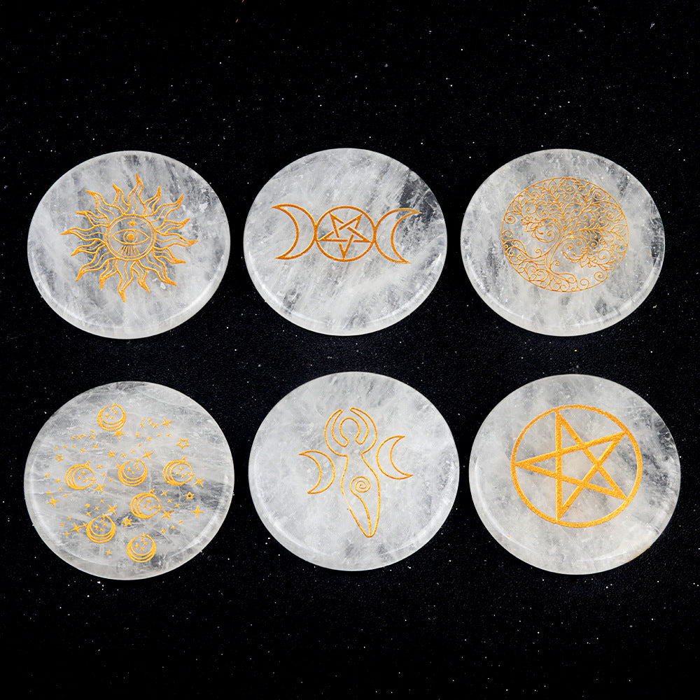 1921-White crystal 55mm round flat carved tree of life star moon stone energy pad DIY craft ornaments