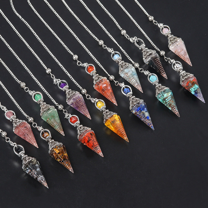 1924-Antique Silver Crystal Semi-precious Stone Colorful Gravel Resin Pendulum Hexagonal Cone Pendant Cross-border Supply