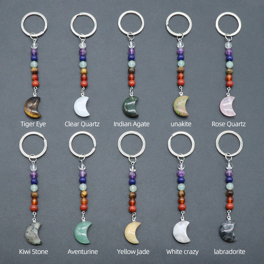 1486-Natural crystal colorful stone moon keychain bag pendant ornaments chakra keychain wholesale