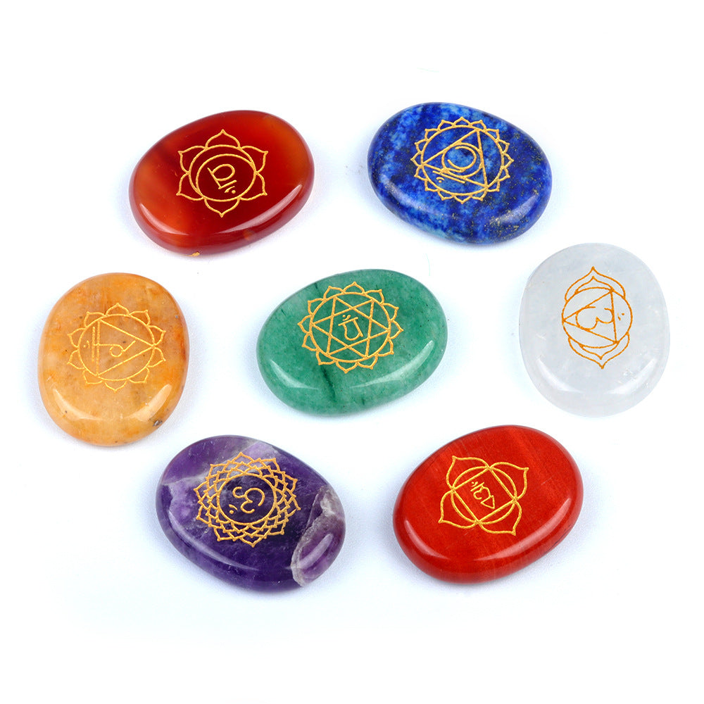 1773-7pcs per set Seven Vein Stone Oval Natural Crystal Agate Yoga Stone Colorful Crystal Engraved Character Stone