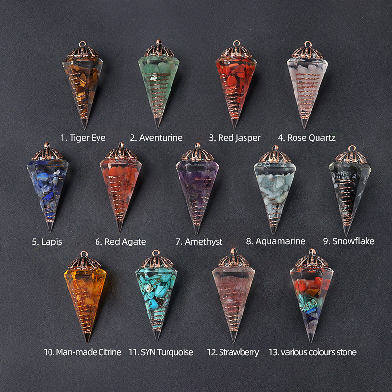 1697 - Rainbow Crystal Pendulum with Antique Copper Flower Base, Natural Stone Resin Spring Hexagonal Prism Pendulum