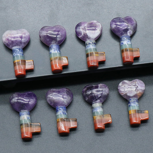 1499-Natural crystal colorful stone love key shape Chakra heart shaped lock key cross-border supply wholesale