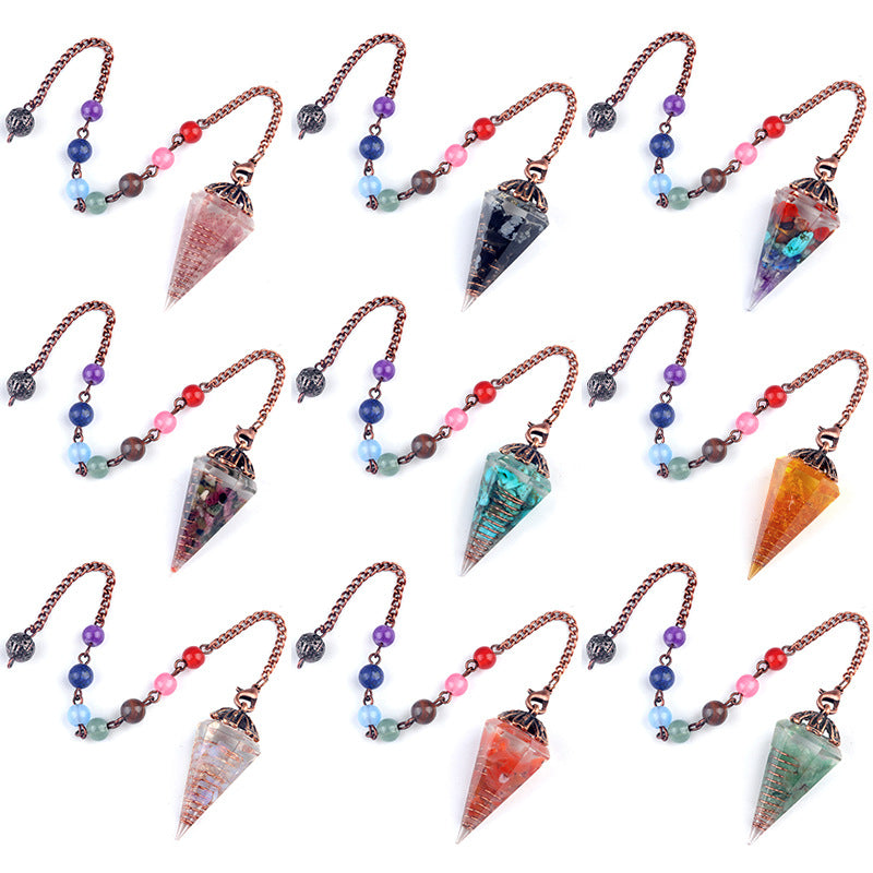 1972 - Natural Crystal Chip Resin Hexagonal Prism Flower Base Pendulum Pendant with Chakra Rainbow Beads Yoga Jewelry