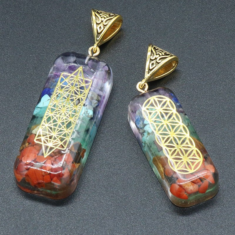 1108-Natural crystal colorful stone resin rectangular pendant Chakra yoga colorful gravel aogen necklace