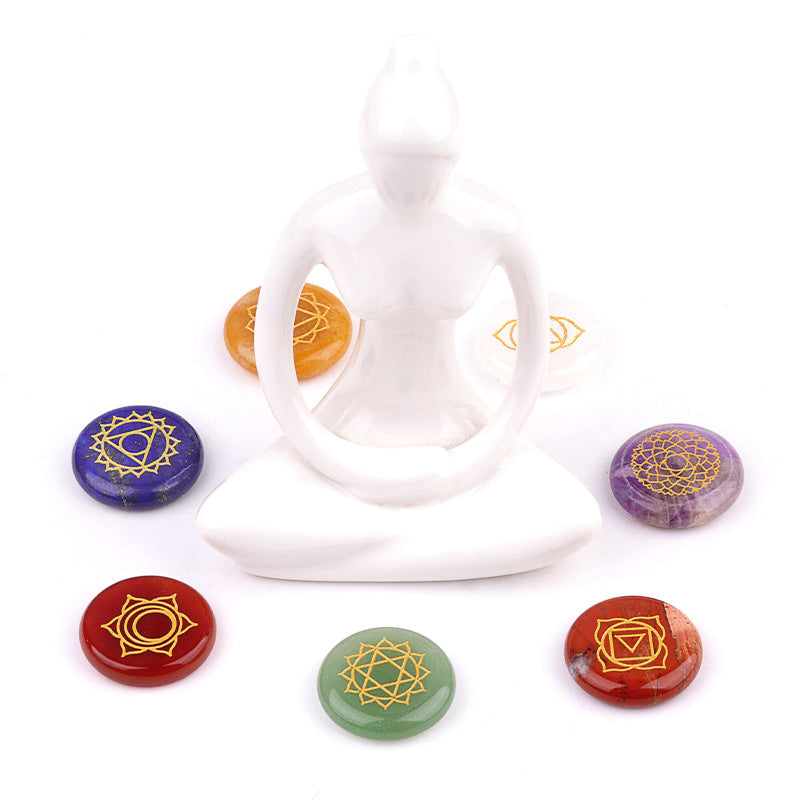 549-Natural crystal colorful stone round piece yoga stone 7 pieces velvet bag wish Amazon cross-border hot sale