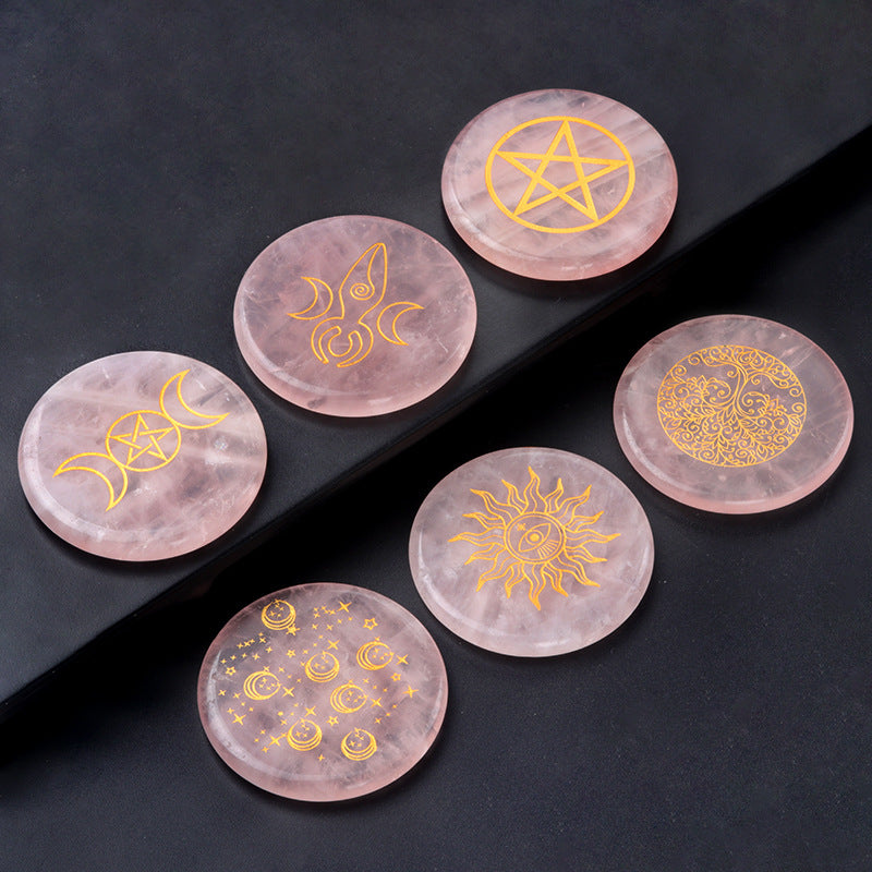 1658-55mm natural pink crystal disc energy stone base carved tree of life star moon stone small ornaments