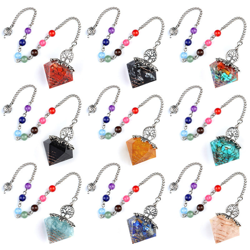 1973 - Natural Crystal Semi-Precious Stone Chip Resin Diamond Pendulum Pendant with Chakra Multicolor Bead Chain Jewelry