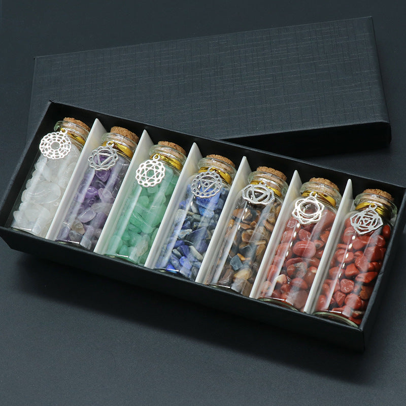 1078-chakela natural crystal gravel 7 bottles metal symbol style colorful stone box ornaments