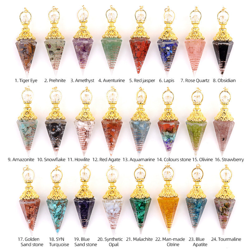 2110 - Natural Crystal Agate Stone Colorful Gravel Resin Gold Hexagonal Cone Pendulum Pendant - New Cross-Border Product