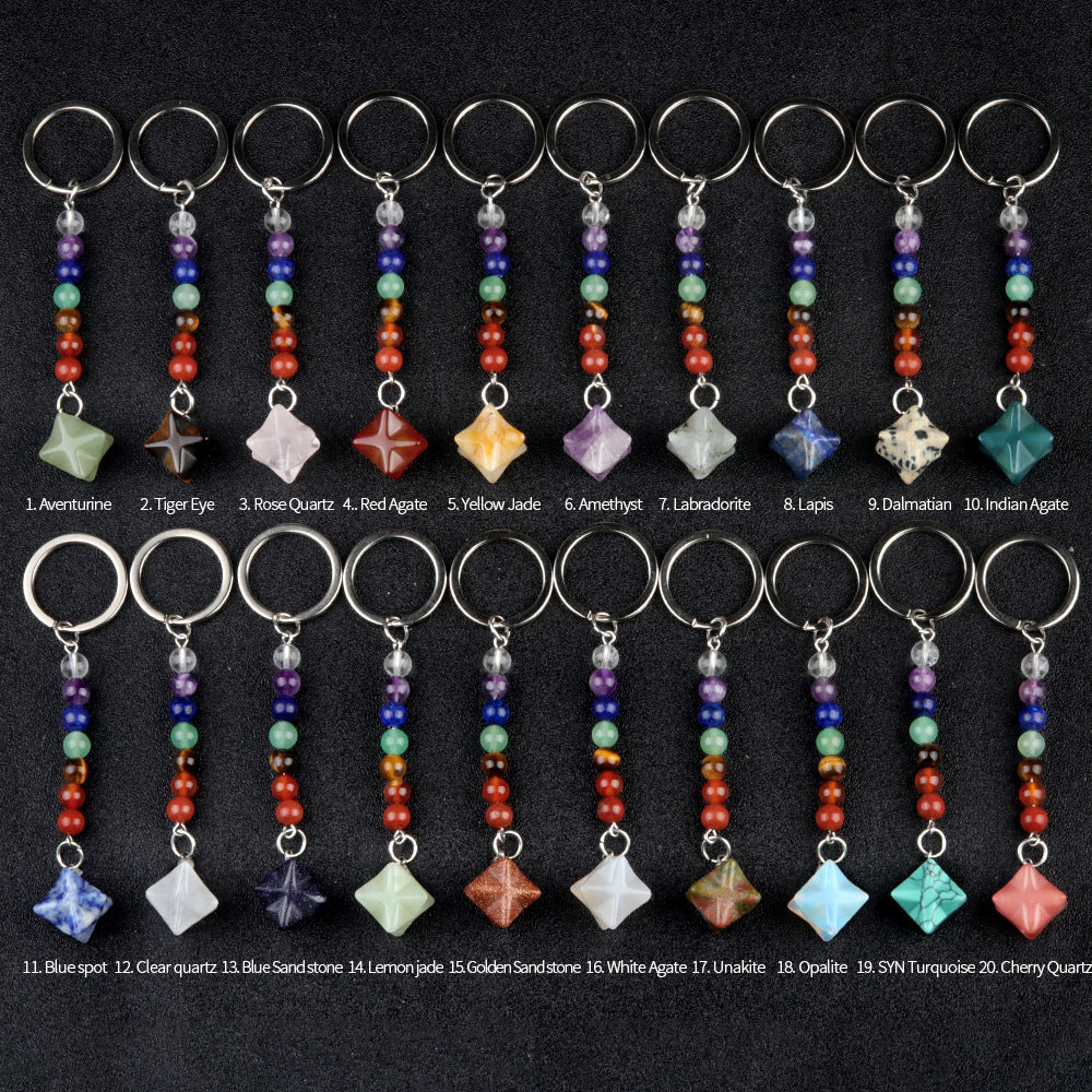 1937-Natural crystal agate colorful stone Kaba star keychain Merkaba star three-dimensional six-pointed star pendant