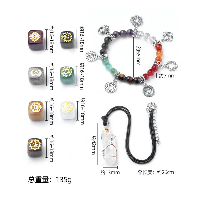 1619-Seven Veins Stone Cube Yoga Symbol Yoga Bracelet Crystal Column Necklace Combination Set Cross-border Jewelry