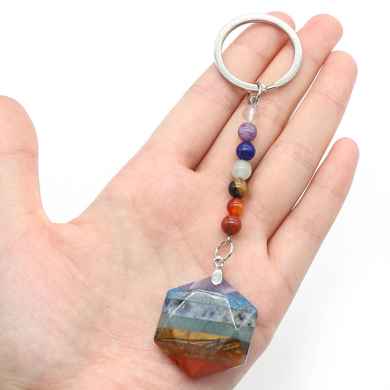 1348-Colorful Stone Hexagram Keychain Natural Crystal Colorful Stone Splicing Craft Chakra Keychain