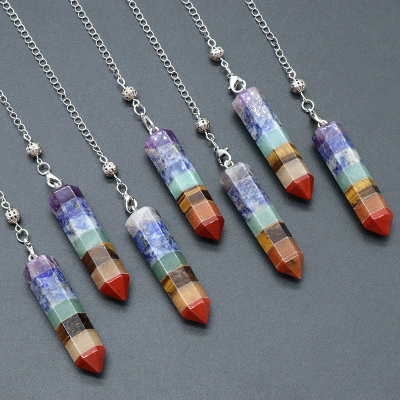 1467 - Pendulum Natural Crystal Rainbow Stone Pendulum, Rainbow Stone Hexagonal Prism with Splicing Craft Pendulum Pendant