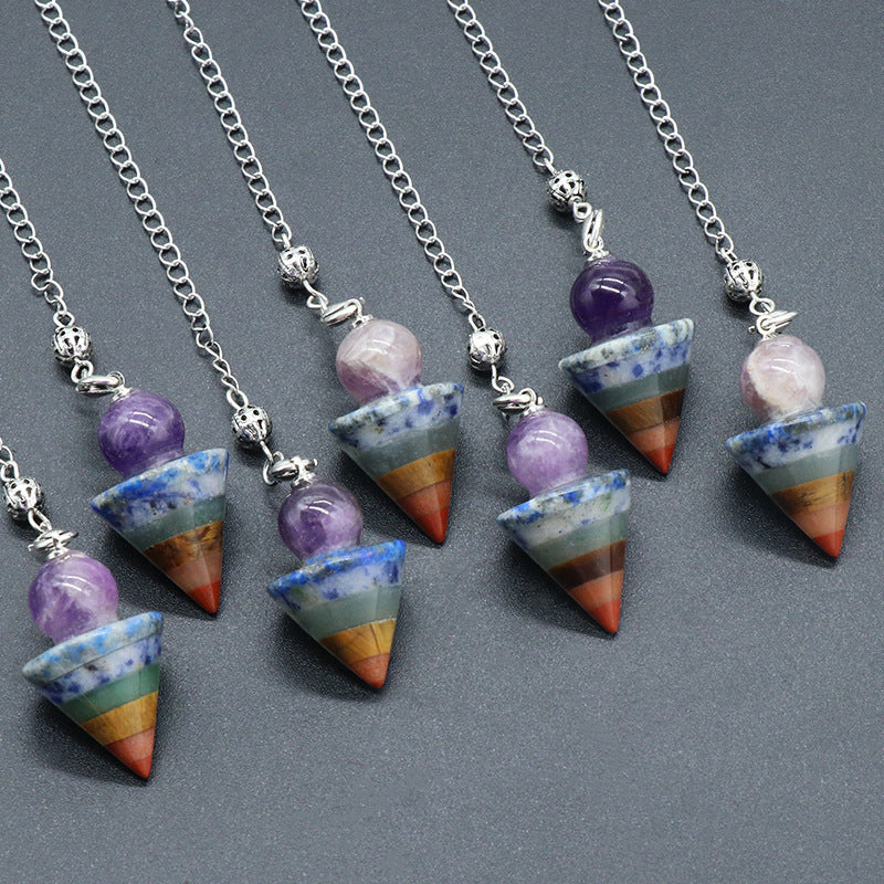 1436 - Pendulum Natural Crystal Rainbow Stone Pendulum, Gemstone Conical Pendant with Splicing Craft Pendulum Shape Pendant