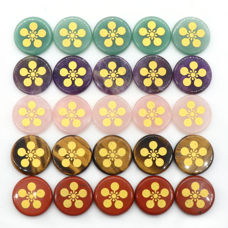 1136- Engraved round disc five-petal flower model Natural crystal agate stone 25mm round laser engraved symbol flower