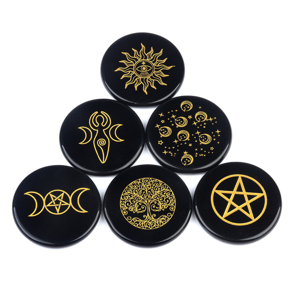 1771-Obsidian 55mm round flat carved tree of life star moon stone energy pad DIY craft ornaments