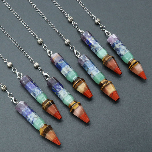 1540-Seven Meridians Yoga Pendulum Natural Crystal Colorful Stone Hexagonal Column Bullet Splicing Craft Pendulum Pendant