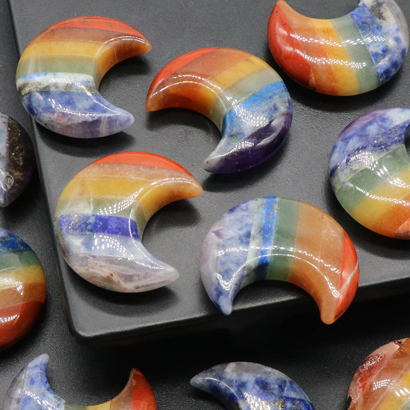 1223-Colorful Stone Moon Natural Crystal Stone Splicing 30mm Moon Chakra Stone Small Ornaments Wholesale