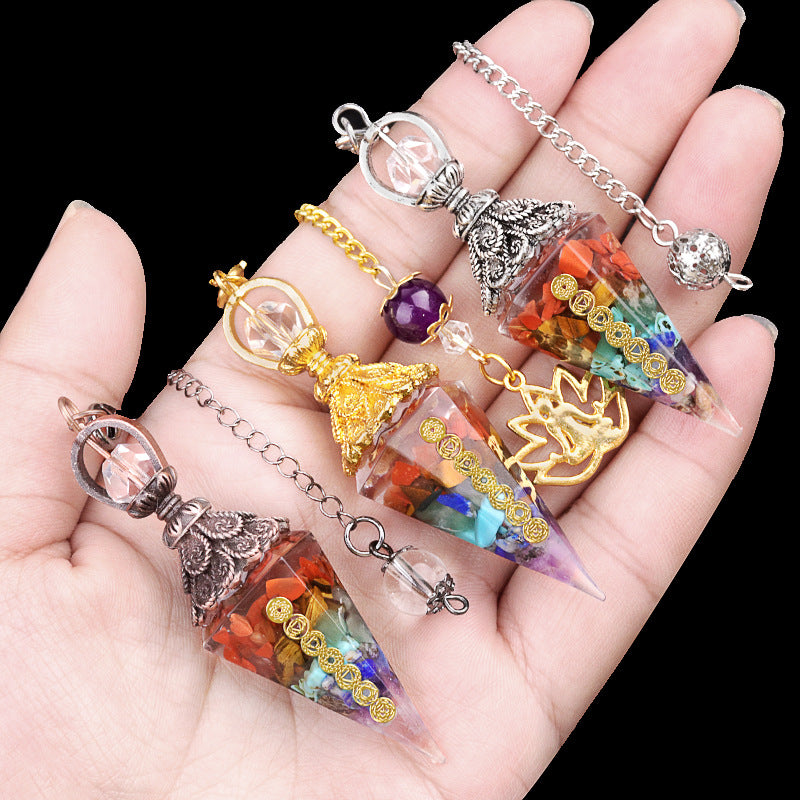 2122-Colorful natural crystal gravel pendulum bronze silver gold resin seven meridian symbol hexagonal pyramid pendulum