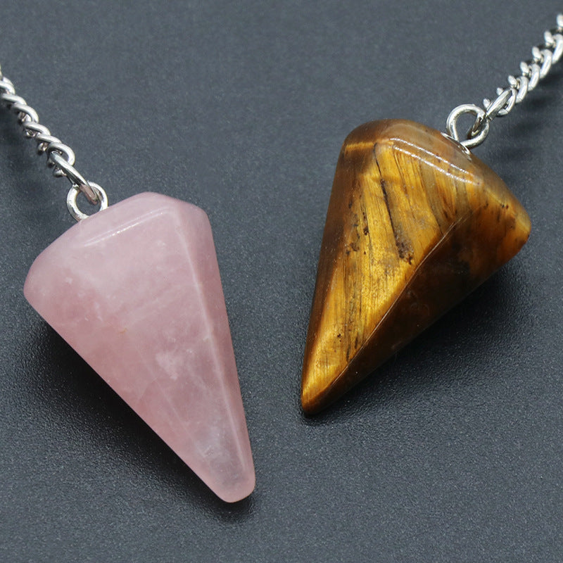 1295-Hexagonal Prism Rose Quartz Tiger Eye Pendulum, Natural Agate Crystal Gemstone Cone Pendant, DIY Crystal Pendant