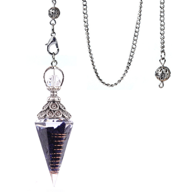 1924-Antique Silver Crystal Semi-precious Stone Colorful Gravel Resin Pendulum Hexagonal Cone Pendant Cross-border Supply