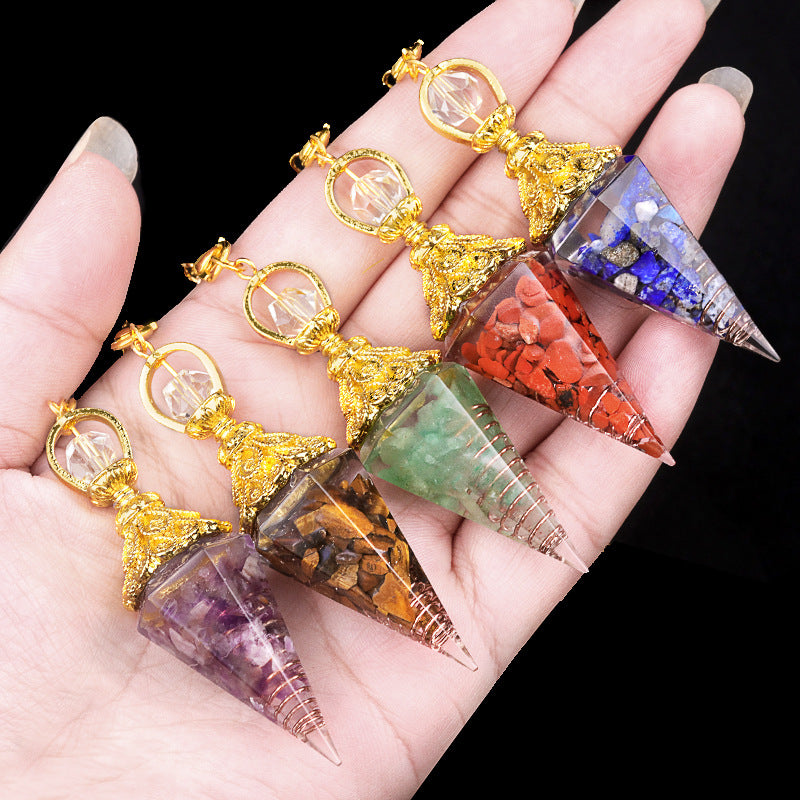 2110 - Natural Crystal Agate Stone Colorful Gravel Resin Gold Hexagonal Cone Pendulum Pendant - New Cross-Border Product