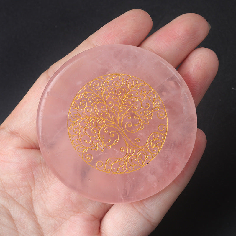 1658-55mm natural pink crystal disc energy stone base carved tree of life star moon stone small ornaments