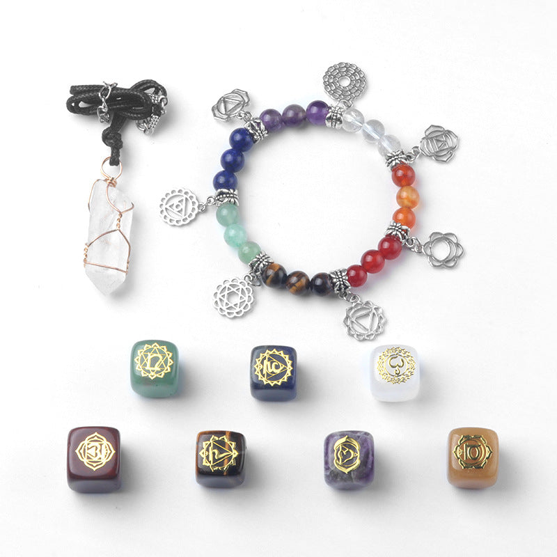 1619-Seven Veins Stone Cube Yoga Symbol Yoga Bracelet Crystal Column Necklace Combination Set Cross-border Jewelry