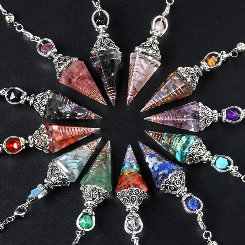 1971 - Natural Semi-Precious Stone Chip Resin Hexagonal Prism Pendulum Pendant Chakra Rainbow Bead Chain Pendant