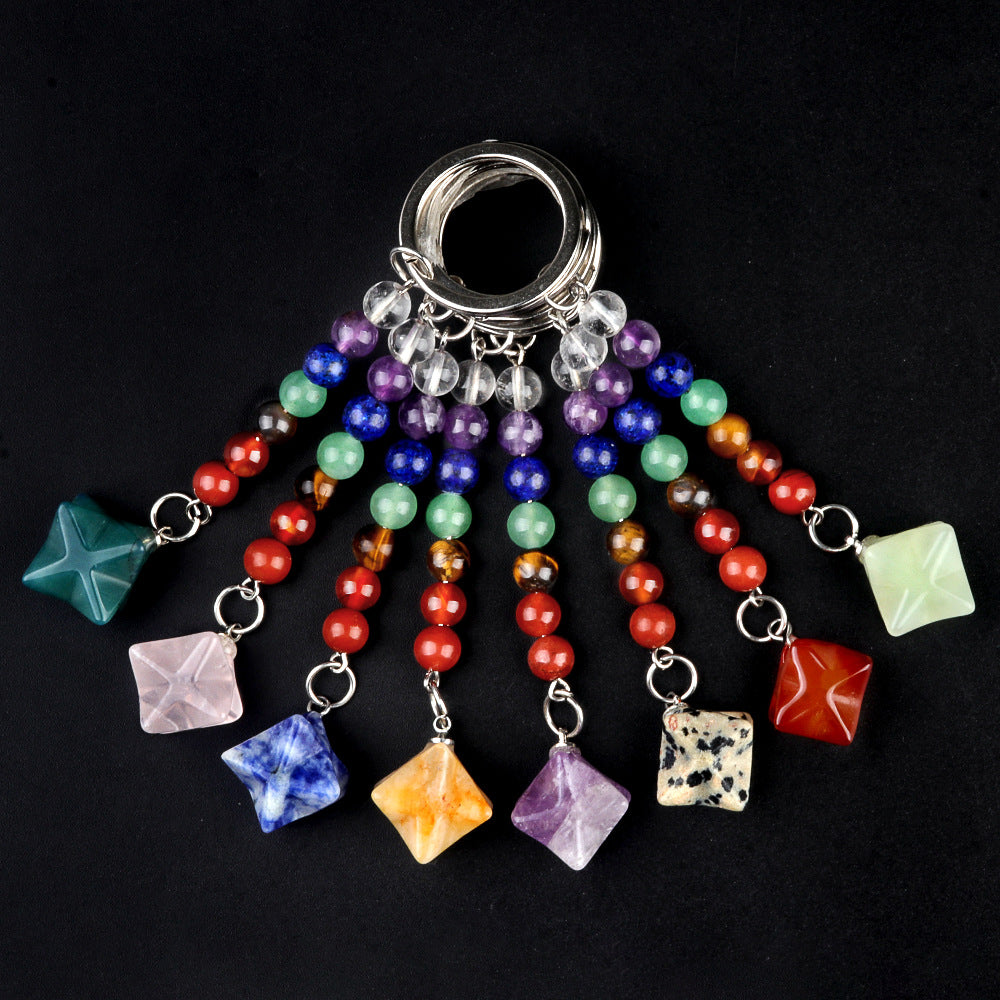 1937-Natural crystal agate colorful stone Kaba star keychain Merkaba star three-dimensional six-pointed star pendant