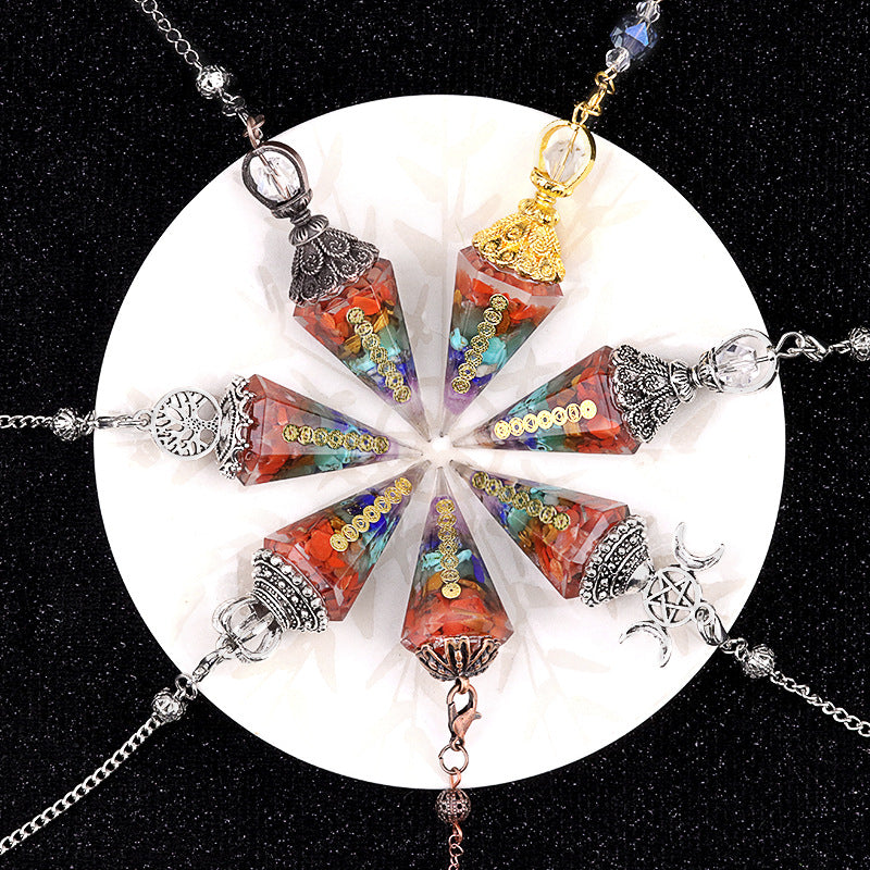 2122-Colorful natural crystal gravel pendulum bronze silver gold resin seven meridian symbol hexagonal pyramid pendulum