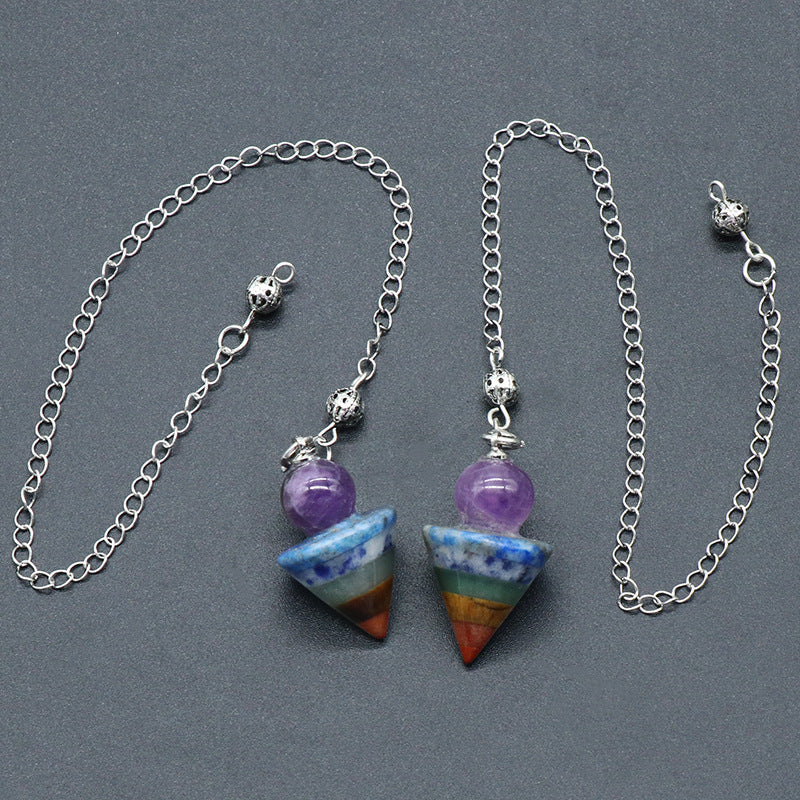 1436 - Pendulum Natural Crystal Rainbow Stone Pendulum, Gemstone Conical Pendant with Splicing Craft Pendulum Shape Pendant