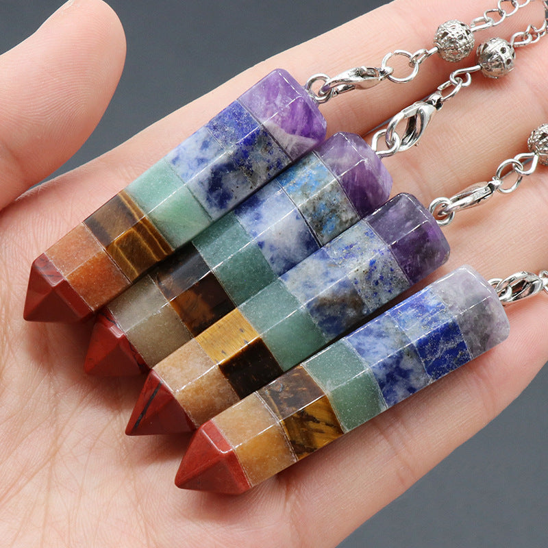 1467 - Pendulum Natural Crystal Rainbow Stone Pendulum, Rainbow Stone Hexagonal Prism with Splicing Craft Pendulum Pendant