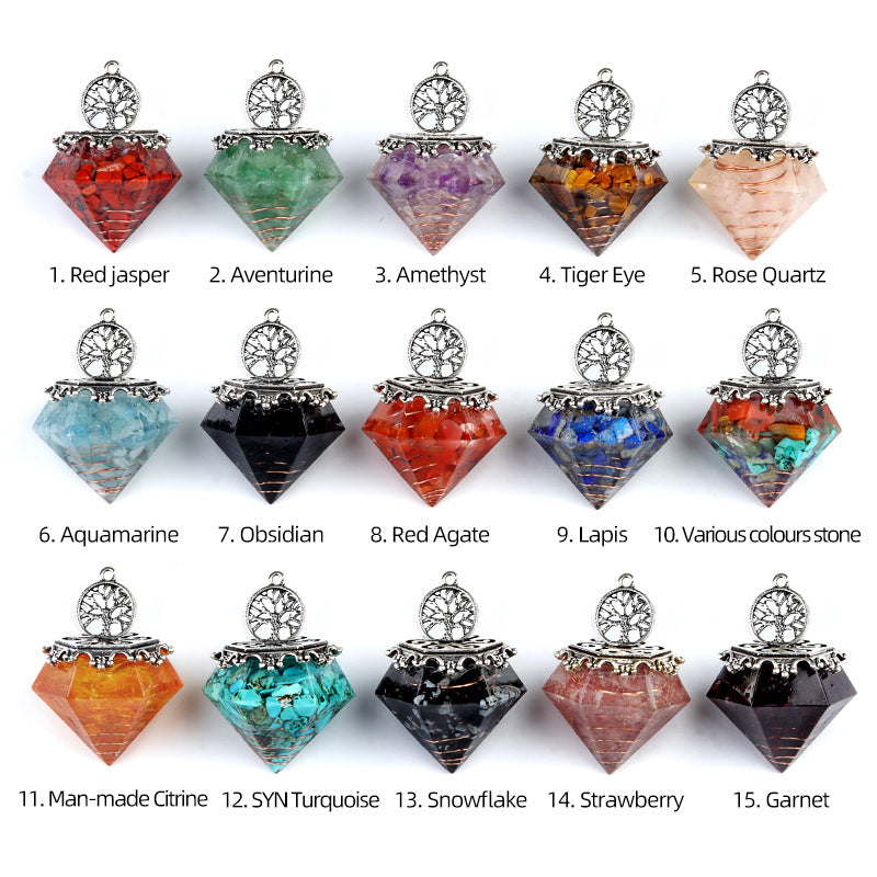 1973 - Natural Crystal Semi-Precious Stone Chip Resin Diamond Pendulum Pendant with Chakra Multicolor Bead Chain Jewelry