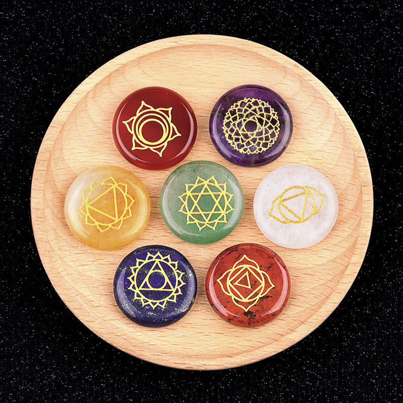 549-Natural crystal colorful stone round piece yoga stone 7 pieces velvet bag wish Amazon cross-border hot sale