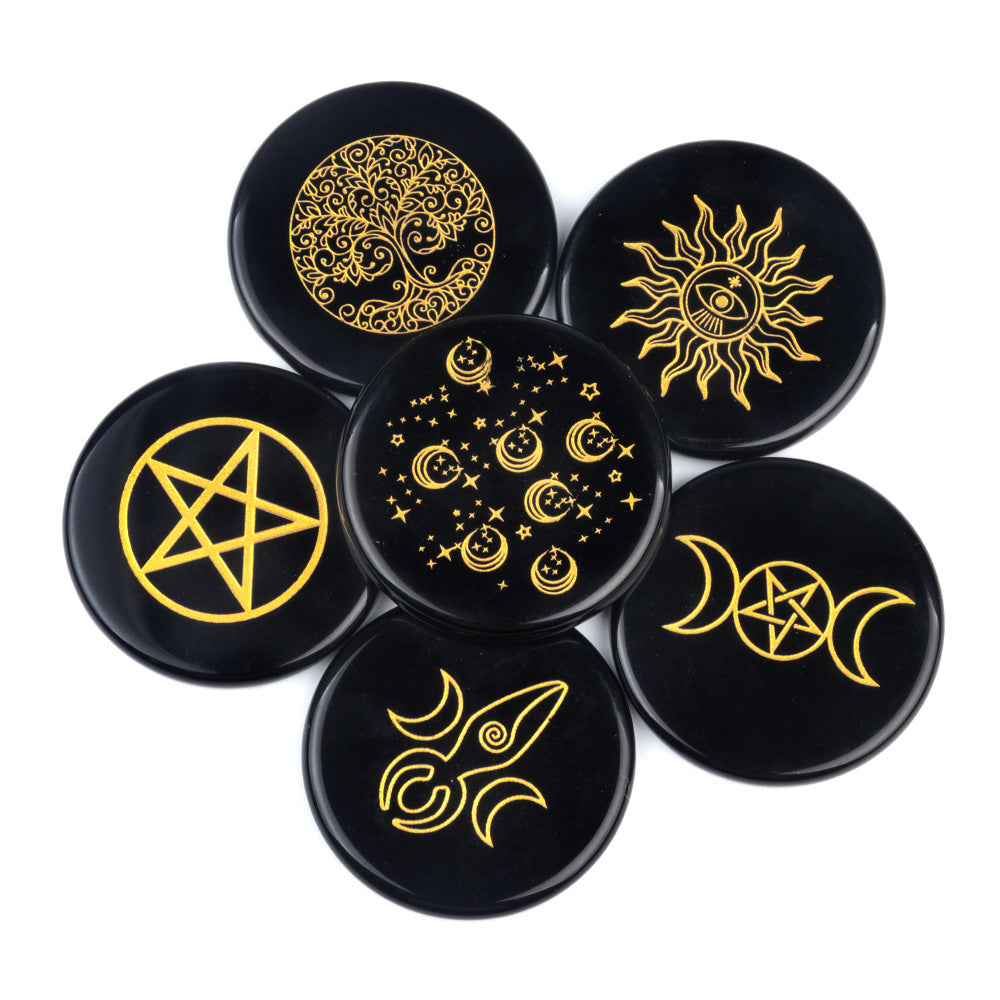 1771-Obsidian 55mm round flat carved tree of life star moon stone energy pad DIY craft ornaments