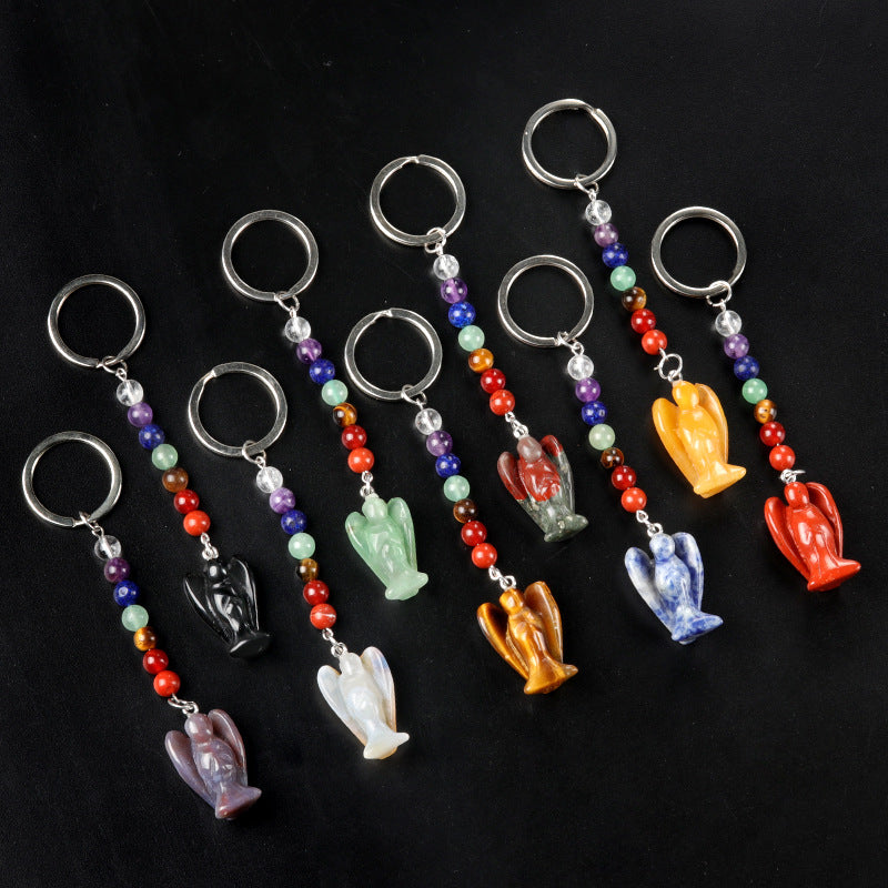 1715-Chakra Angel Keychain Natural Semi-precious Stone Carved Angel Keychain Guardian Angel Pendant