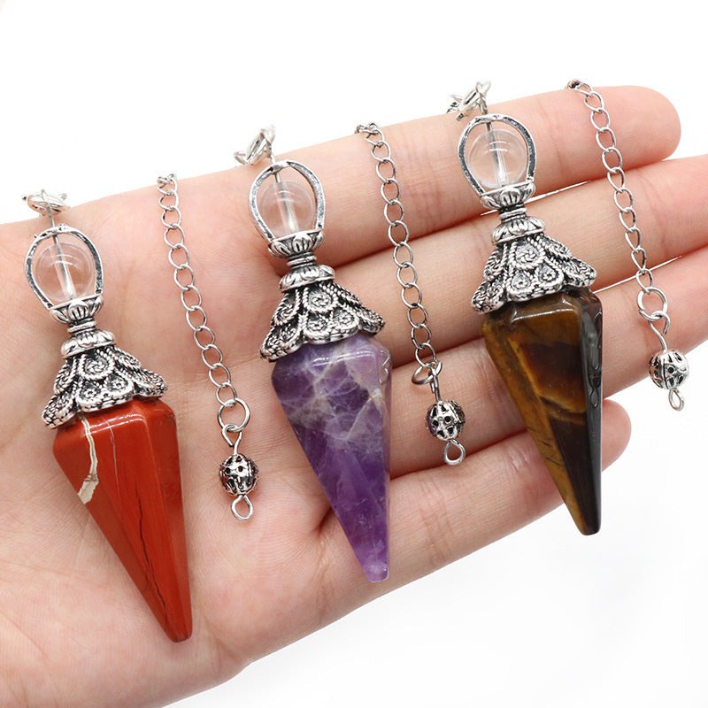 1412 - Pendulum Natural Pink White Amethyst Tiger Eye Hexagonal Prism Pendulum, Conical Gyroscope with Gravity Concentration