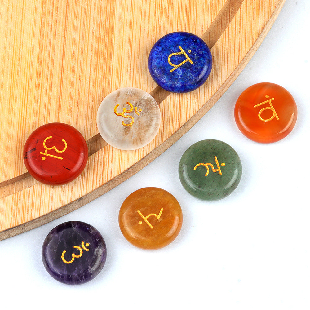 1783-Seven chakras natural agate crystal 20mm round seven chakra stone yoga symbol 7 pieces per set