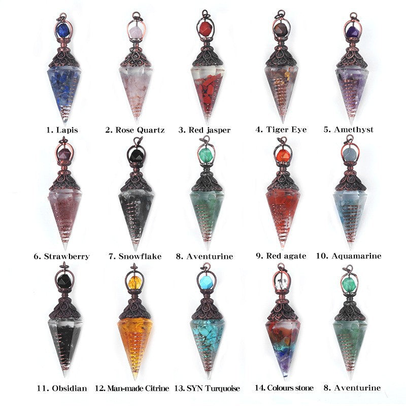 1970 – Natural Semi-precious Stone Chips Resin Hexagonal Prism Pendulum Pendant with Chakra Rainbow Bead Chain Pendant