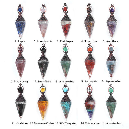 1970 – Natural Semi-precious Stone Chips Resin Hexagonal Prism Pendulum Pendant with Chakra Rainbow Bead Chain Pendant