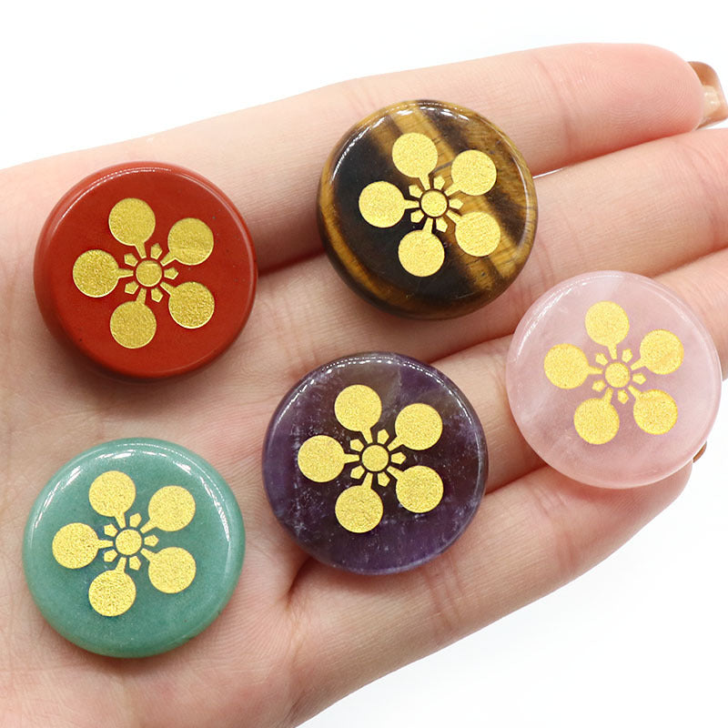 1136- Engraved round disc five-petal flower model Natural crystal agate stone 25mm round laser engraved symbol flower