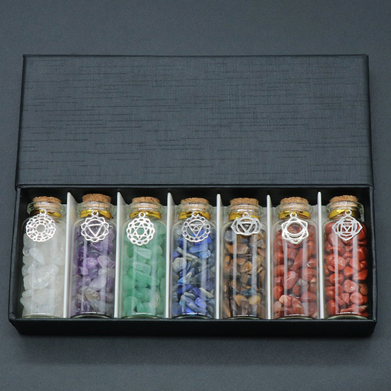 1078-chakela natural crystal gravel 7 bottles metal symbol style colorful stone box ornaments