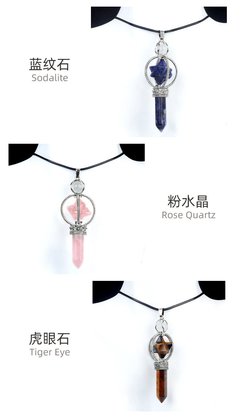 1784 - Merkaba Hexagonal Prism Scepter Necklace, Merkaba Star of David Pendant with Rotating Pendulum Accessory