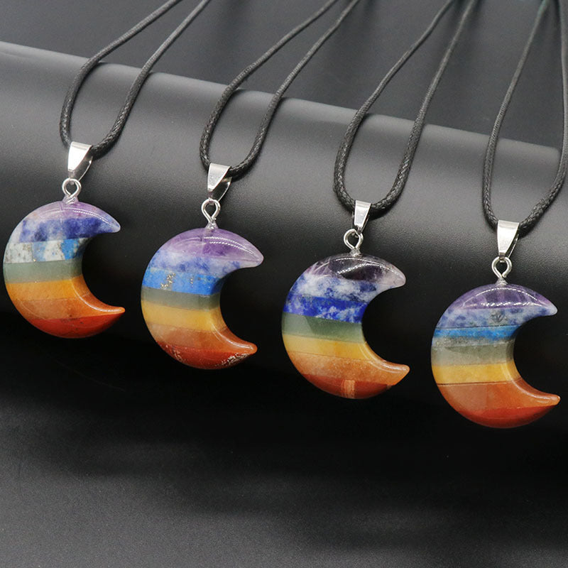 1232-Colorful Stone Moon Pendant Natural Crystal Stone Splicing 30mm Crescent Chakra Jewelry