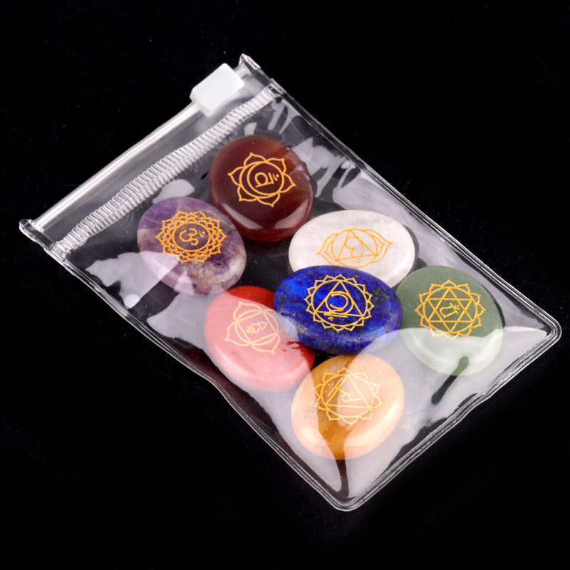 1773-7pcs per set Seven Vein Stone Oval Natural Crystal Agate Yoga Stone Colorful Crystal Engraved Character Stone