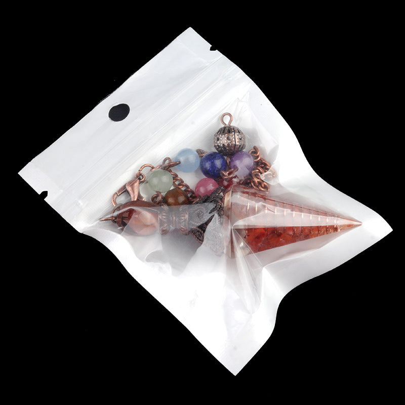 1970 – Natural Semi-precious Stone Chips Resin Hexagonal Prism Pendulum Pendant with Chakra Rainbow Bead Chain Pendant