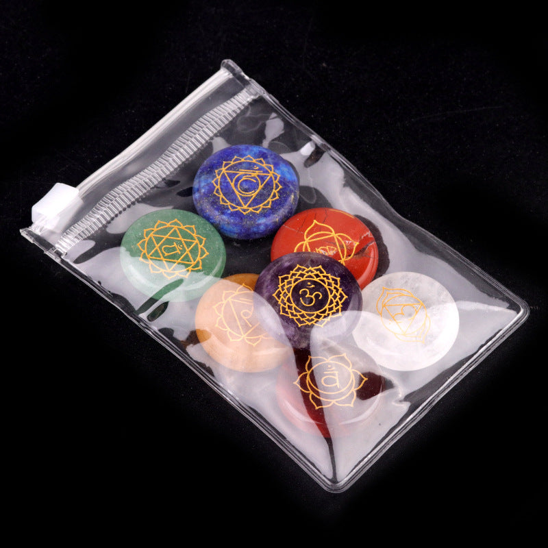 1774-7pcs per set Seven Vein Stone Round Natural Crystal Agate Yoga Stone Colorful Crystal Engraved Character Stone